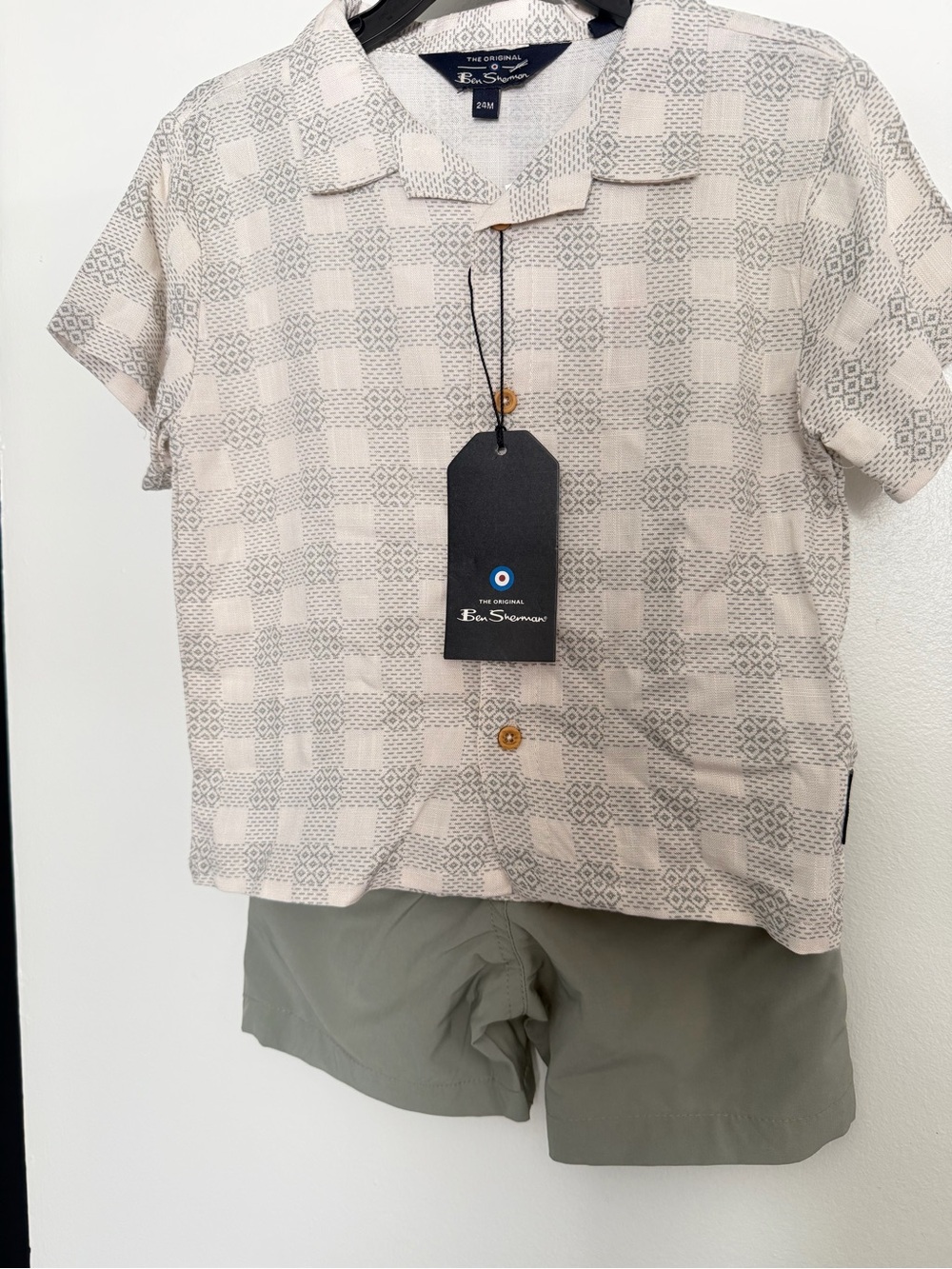 Ben Sherman Cream Patterned Short Sleeve Shirt with Olive Shorts